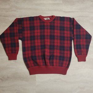 John Ashford 100% Cotton Mens Knit Crewneck Red and Blue Sweater Large